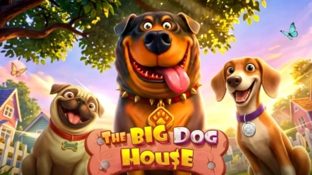 Tampilan visual ceria dari slot The Big Dog House dengan karakter anjing yang lucu