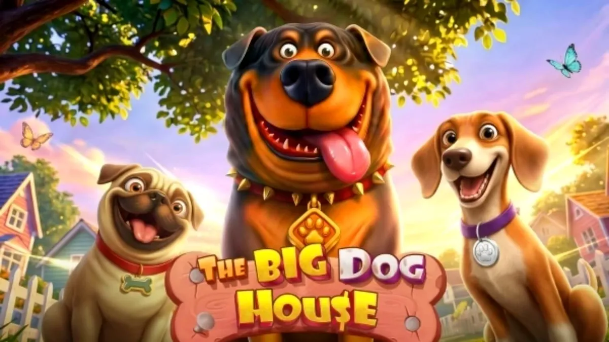 Tampilan visual ceria dari slot The Big Dog House dengan karakter anjing yang lucu