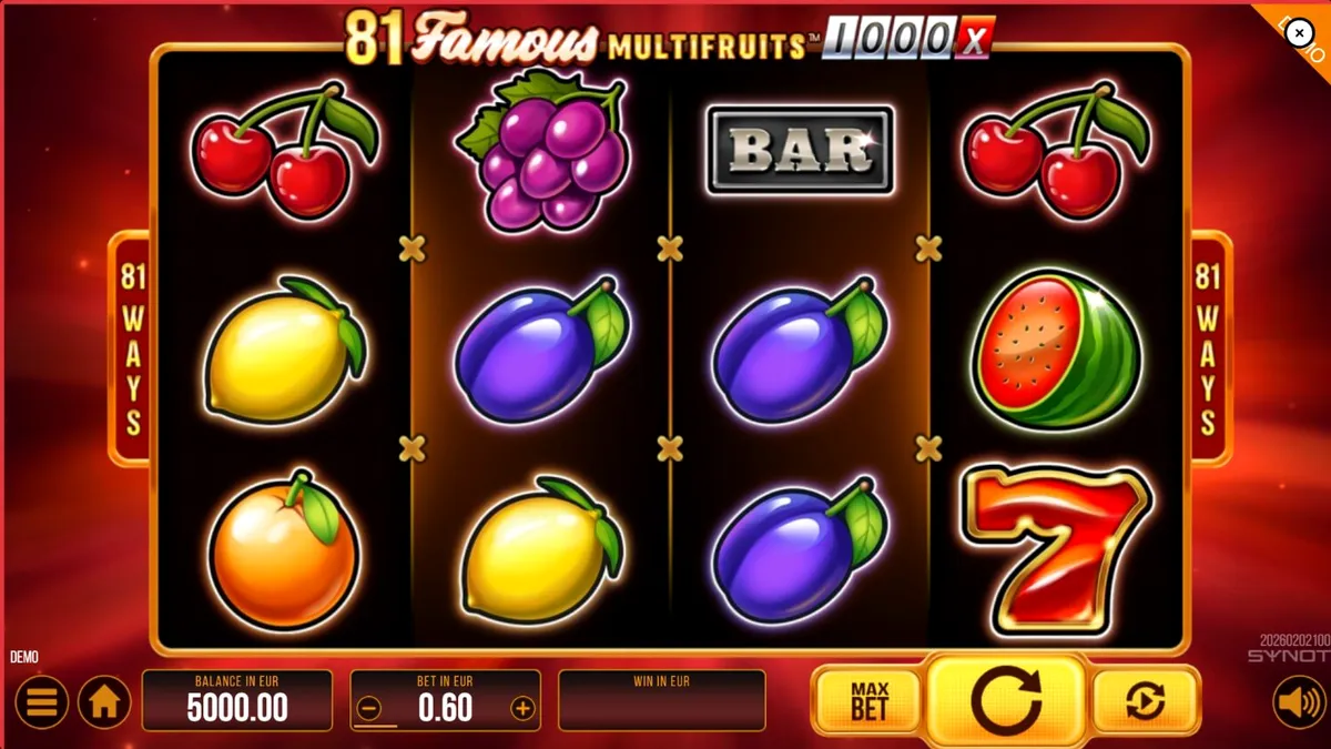 Tampilan visual slot 81 Famous Multifruits 1000 dengan simbol buah dan angka 7